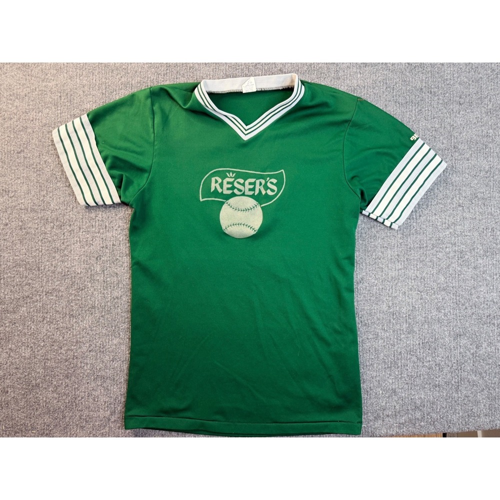 Vintage DINO Reser's Baseball Jersey Green Large USA Made 44 Graphic Tee Y2K